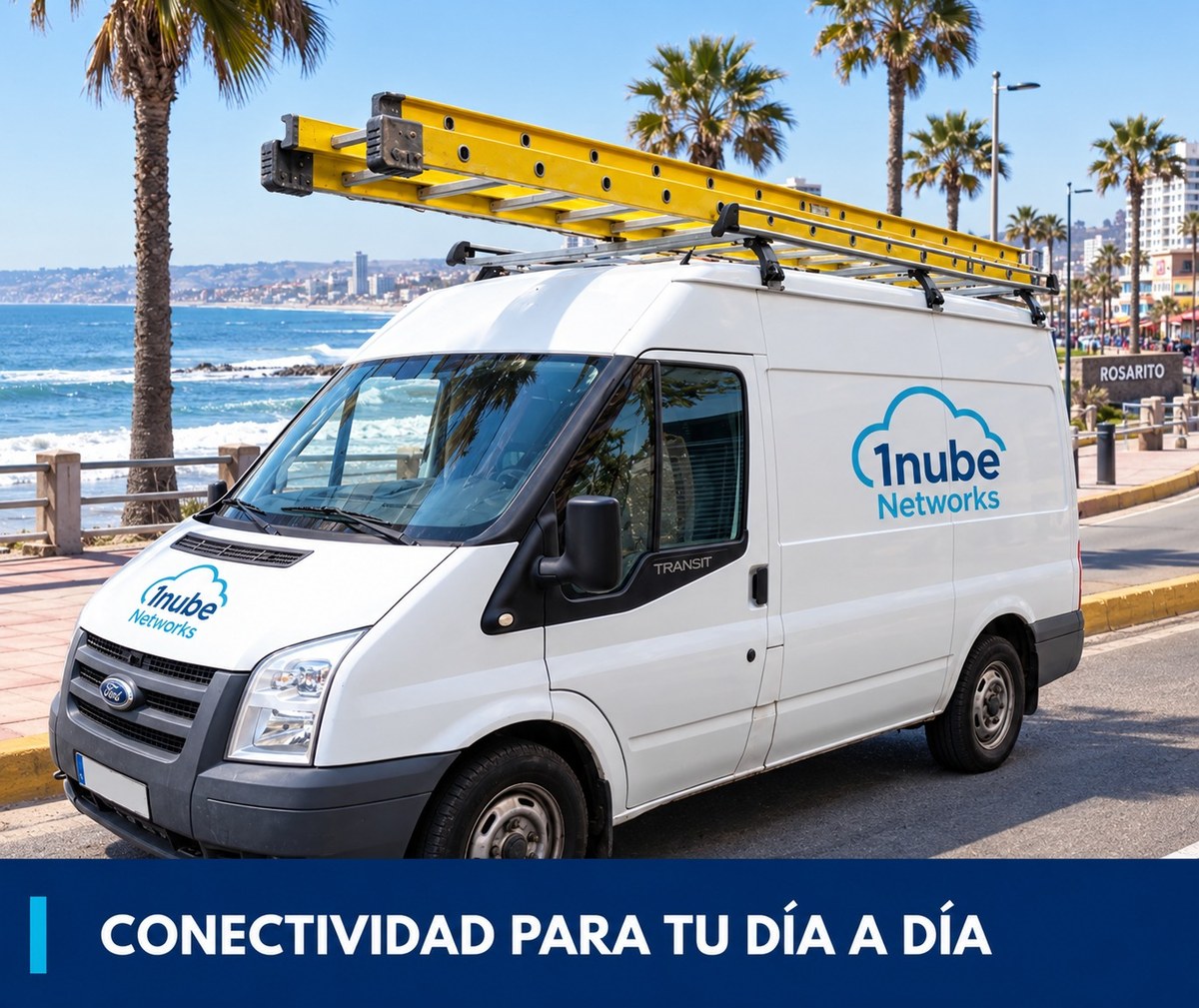Conectividad para tu día a día: camioneta de 1nube Networks frente al malecón de Playas de Rosarito.