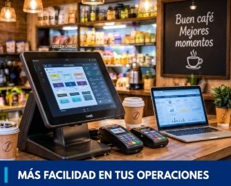 Más facilidad en tus operaciones: terminal punto de venta, terminales de pago y laptop en una cafetería.