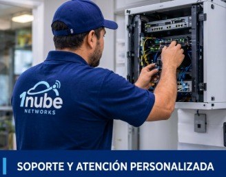Soporte y atención personalizada: técnico de 1nube Networks revisando un gabinete de red.