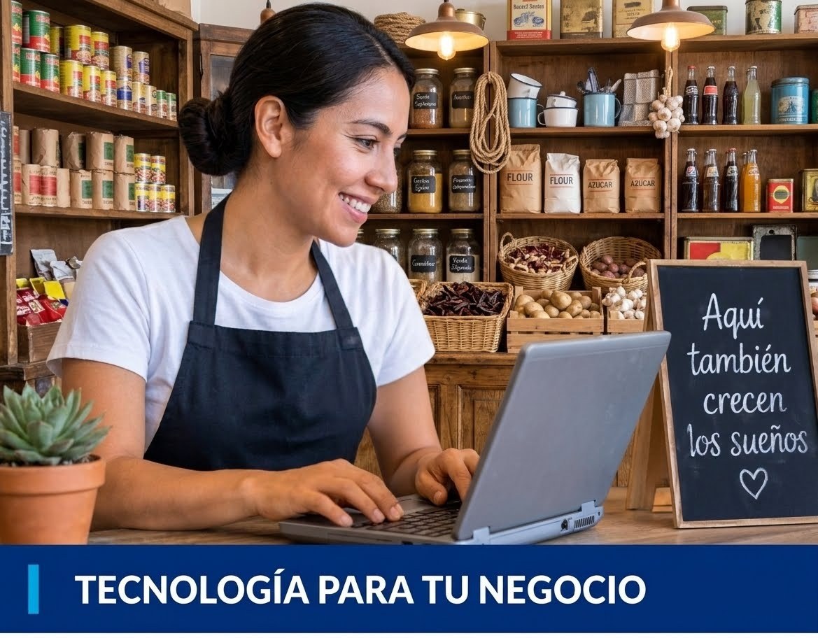 Tecnología para tu negocio: una tendera trabaja en su laptop dentro de su tienda.