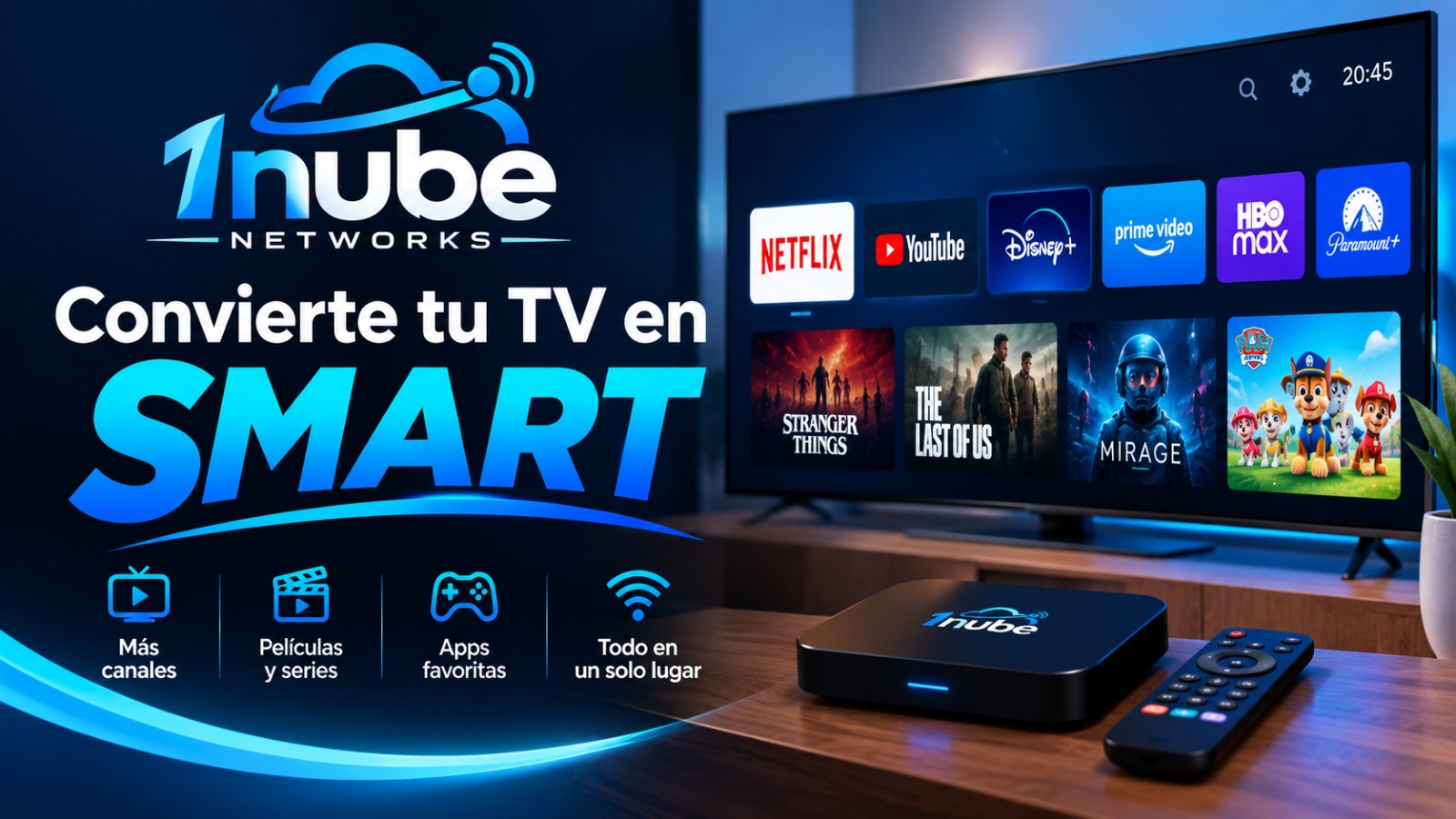 Convierte tu TV en Smart con la caja de TV de 1nube Networks: más canales, películas y series, apps favoritas, todo en un solo lugar.