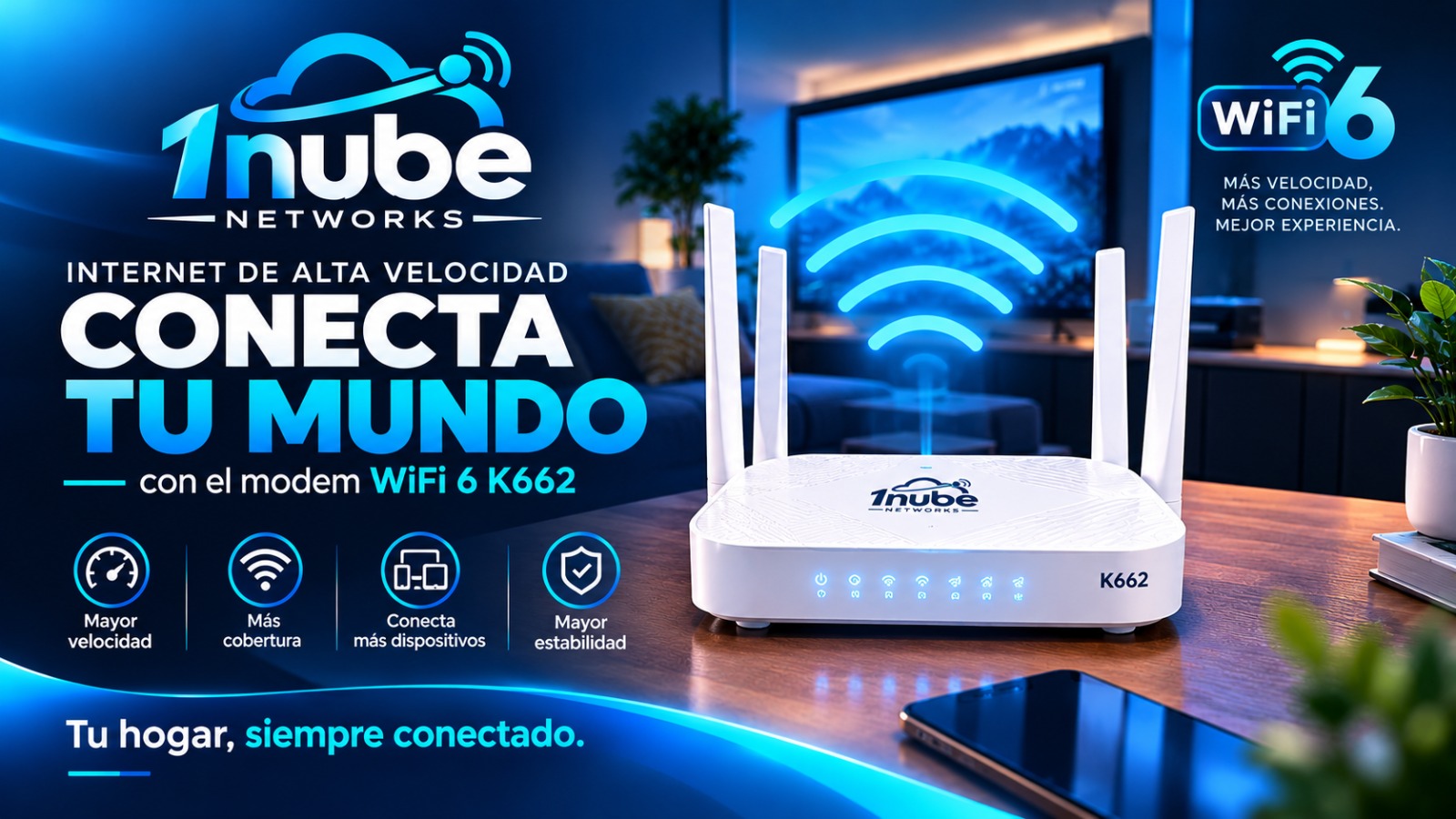 Módem WiFi 6 K662 de 1nube Networks. Internet de alta velocidad: conecta tu mundo.
